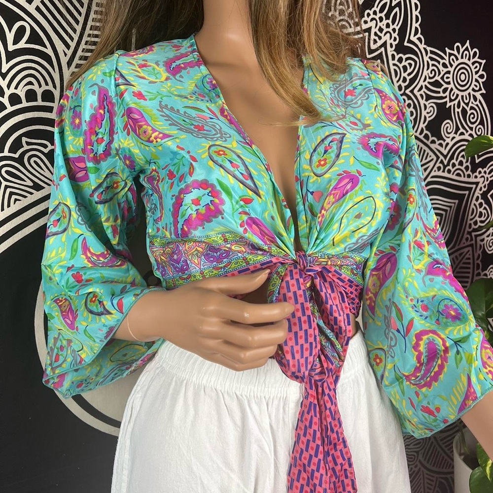 Open Front Tie Bell Sleeves Blouse - Picture 3 of 8